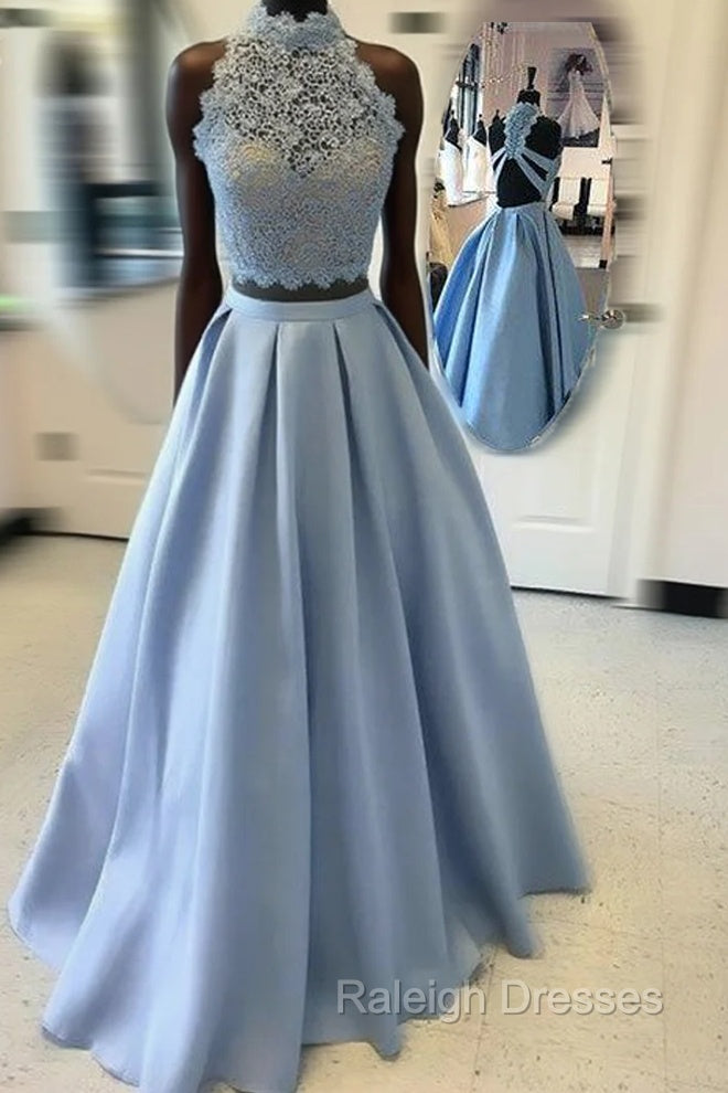 Blue Two Pieces Lace Long Prom Dress, Blue Lace Evening Dress Main image