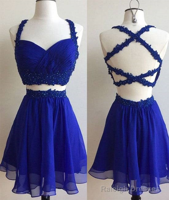 Blue Two Pieces Lace Short Prom Dresses Cute Homecoming Dresses