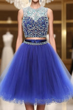 Blue two pieces tulle sequin beads short prom Dresses blue homecoming