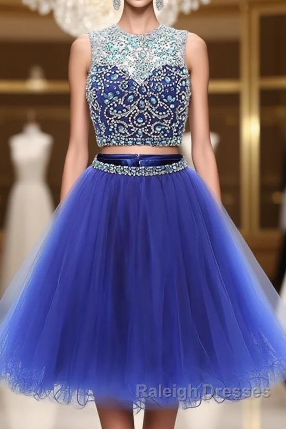 Blue two pieces tulle sequin beads short prom Dresses blue homecoming