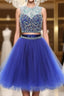 Blue two pieces tulle sequin beads short prom Dresses blue homecoming