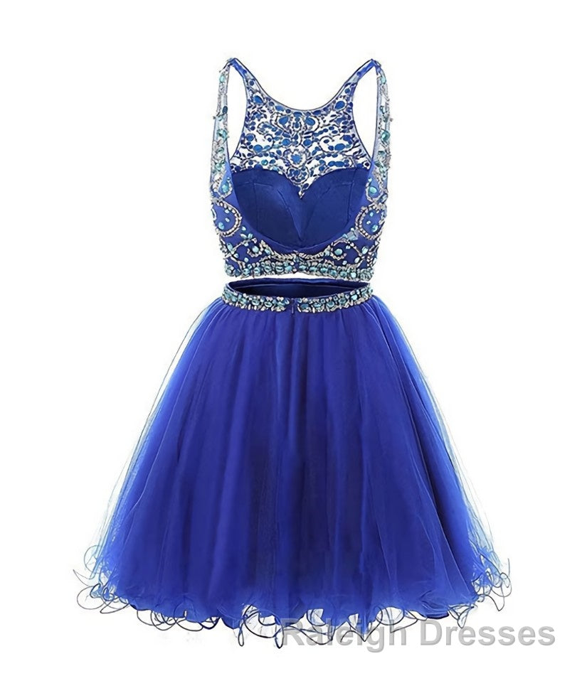 Blue two pieces tulle sequin beads short prom dress, blue homecoming Secondary image