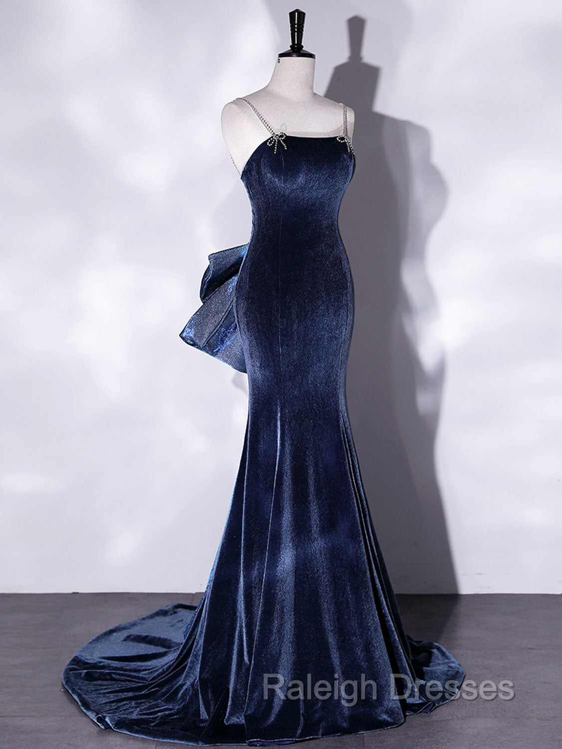 Blue Unique Mermaid Velvet Long Prom Dresses, Velvet Formal Evening Dresses Secondary image