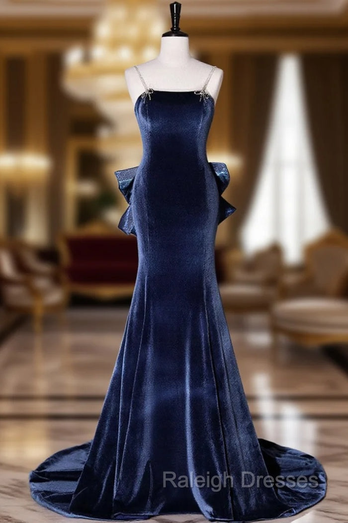 Blue Unique Mermaid Velvet Long Prom Dresses, Velvet Formal Evening Dresses Main image