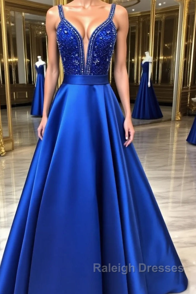 Blue v neck beads satin long prom Dresses blue Prom Dresses Main image