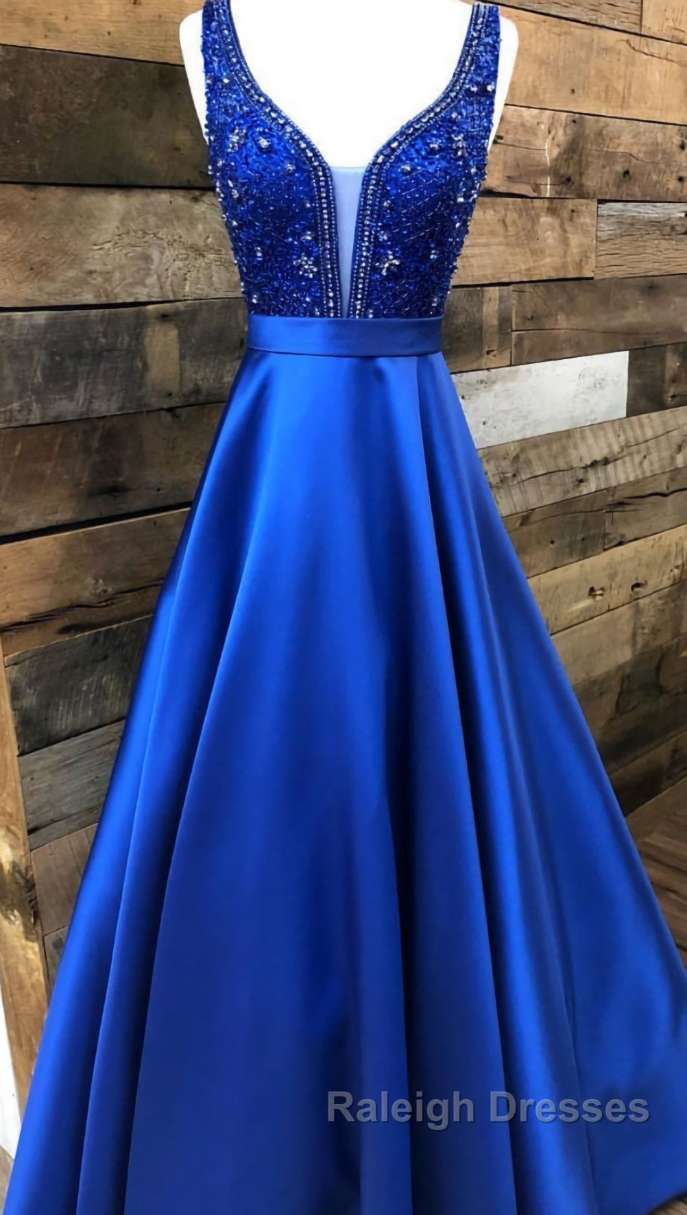 Blue v neck beads satin long prom dress, blue evening dress Secondary image