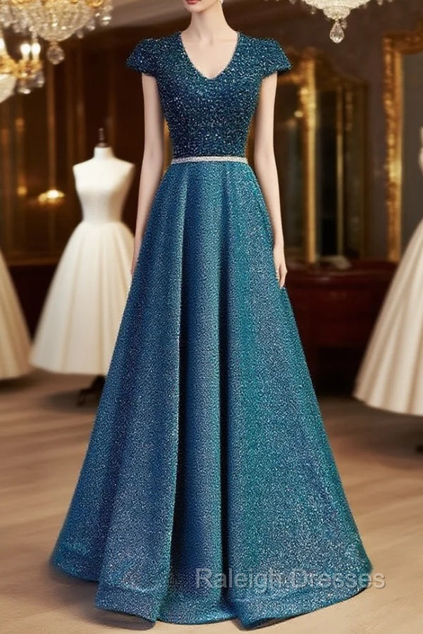 Blue V-neck Cap Sleeve Backless Sequins Beading Prom Dress Main image