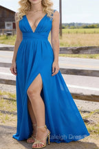 Blue V Neck Chiffon Floor Length Bridesmaid Dress Long Bridesmaid Dresses With Pleated Split