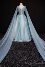 Blue V Neck Lace Long Prom Dress, Blue A Line Formal Prom Dress