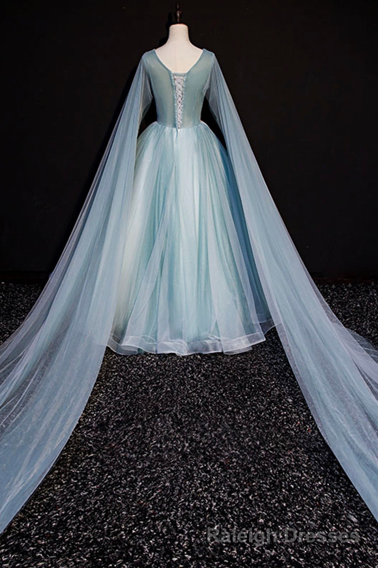 Blue V Neck Lace Long Prom Dress, Blue A Line Formal Prom Dress