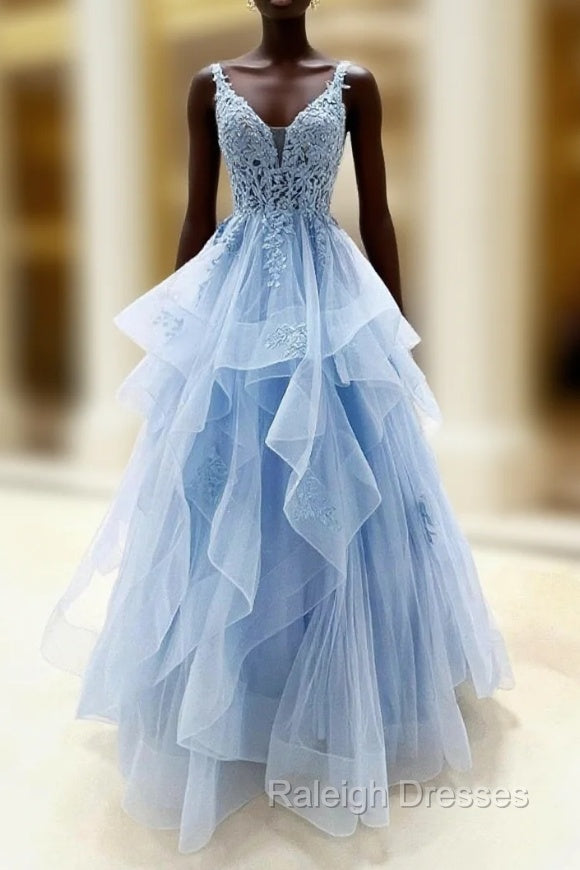 Blue V Neck Lace Long Prom Dress, Blue Tulle Layers Formal Prom Dress Main image