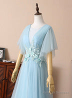 Blue V-Neck Lace Long Prom Dress A-Line Prom Dress