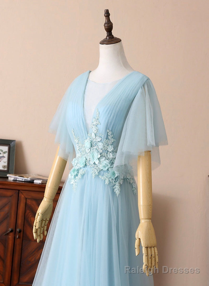 Blue V-Neck Lace Long Prom Dress A-Line Prom Dress