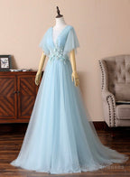 Blue V-Neck Lace Long Prom Dresses, A-Line Evening Dresses