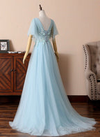 Blue V-Neck Lace Long Prom Dresses, A-Line Evening Dresses