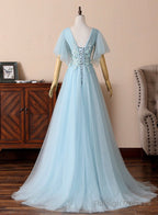 Blue V-Neck Lace Long Prom Dresses, A-Line Evening Dresses