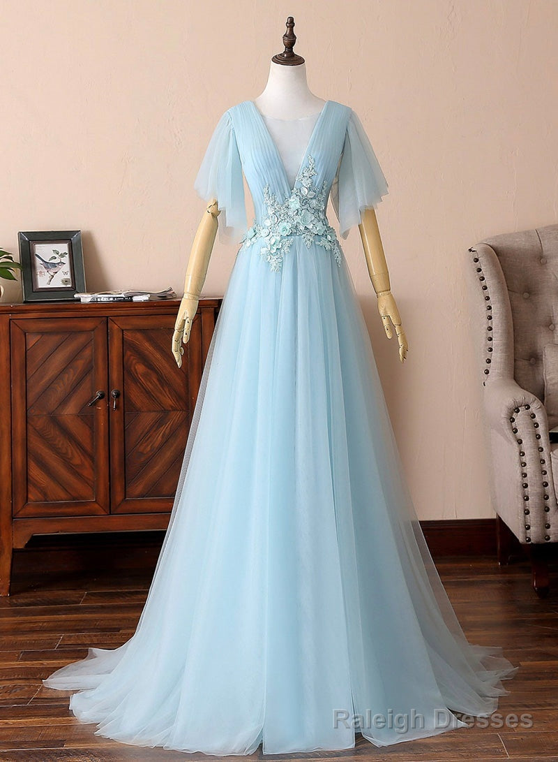 Blue V-Neck Lace Long Prom Dresses, A-Line Evening Dresses Main image