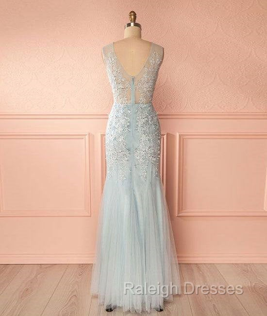 Blue V Neck Lace Tulle Long Prom Dress, Blue Lace Evening Dress For Teens Secondary image