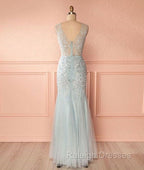 Blue V Neck Lace Tulle Long Prom Dress, Blue Lace Evening Dress For Teens
