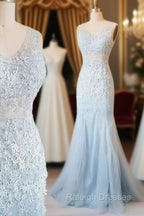 Blue V Neck Lace Tulle Long Prom Dress, Blue Lace Evening Dress For Teens