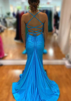 Blue V Neck Mermaid Prom Dresses Long With Split