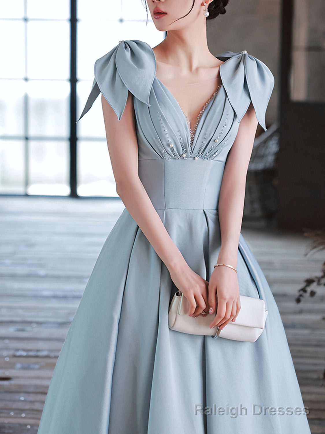 Blue V Neck Satin Beads Long Prom Dress, Blue Evening Dress Secondary image