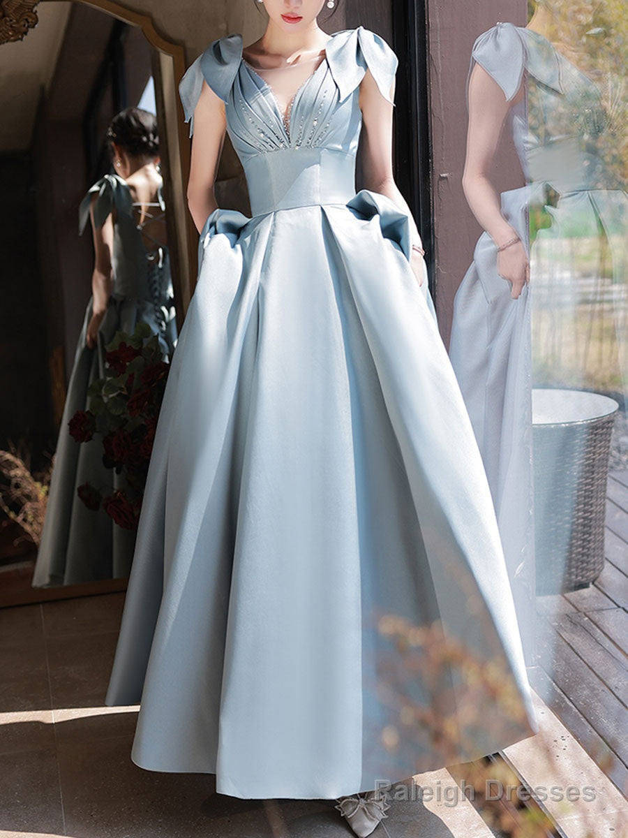 Blue V Neck Satin Beads Long Prom Dress, Blue Evening Dress