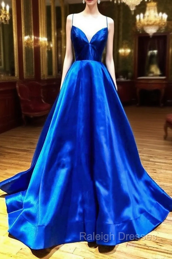 Blue V-Neck Satin Long Evening Dress, A-Line Backless Prom Dress