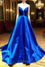 Blue V-Neck Satin Long Evening Dress, A-Line Backless Prom Dress