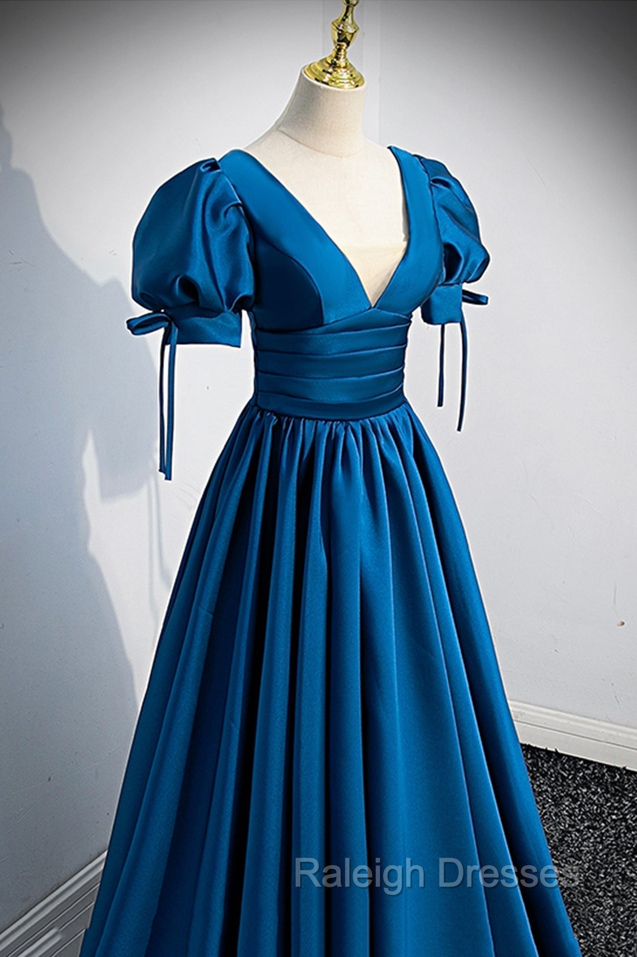 Blue V Neck Satin Long Prom Dress, A Line Short Sleeve Prom Dress Secondary image