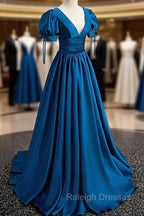 Blue V-Neck Satin Long Prom Dress, A-Line Short Sleeve Evening Dress