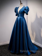 Blue v neck satin Prom Dresses Long blue satin Prom Dresses