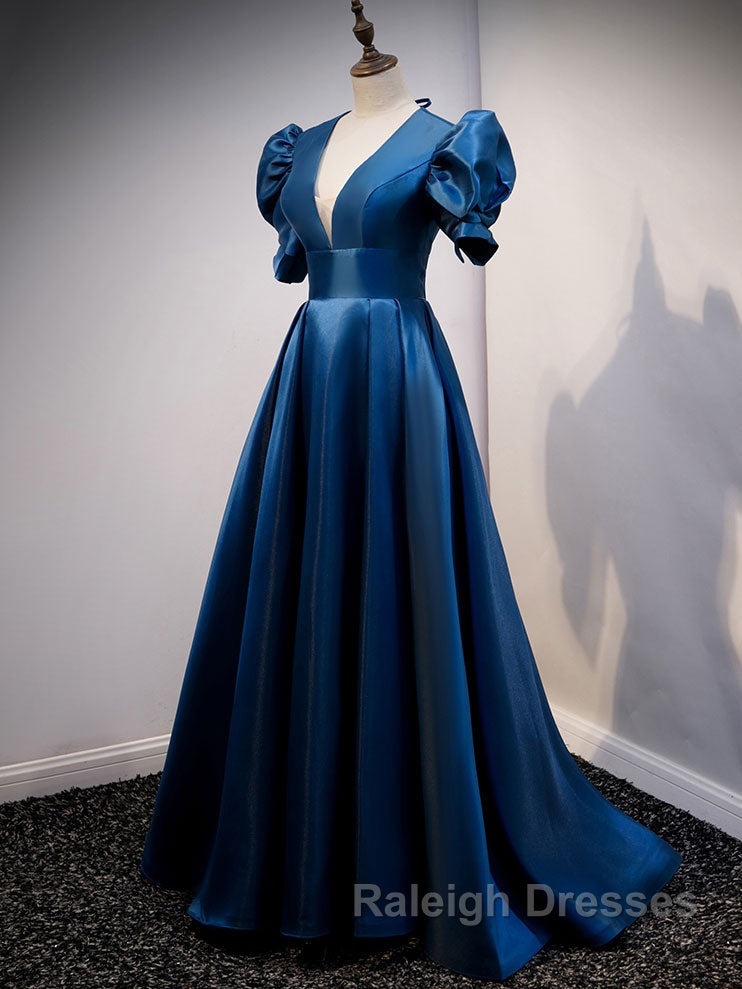 Blue v neck satin Prom Dresses Long blue satin Prom Dresses