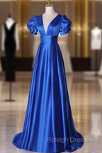 Blue V Neck Satin Long Prom Dress, Simple Blue Prom Prom Dress