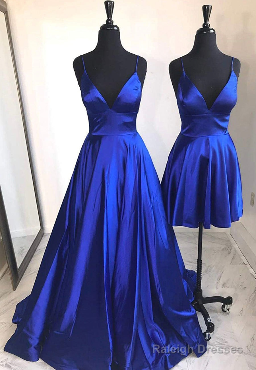 Blue V-Neck Satin Prom Dresses, A-Line Evening Dresses Main image