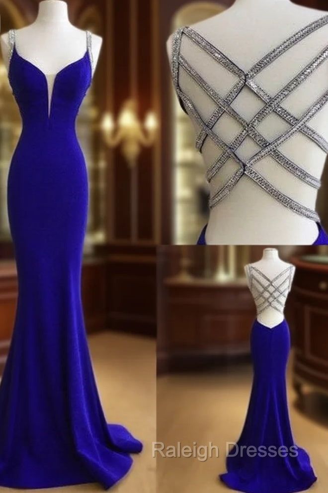 Blue V Neck Sequin Long Prom Dress, Unique Blue Evening Dress