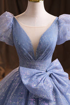 Blue V Neck Shiny Tulle Long Prom Dresses A Line Short Sleeve Prom Dresses