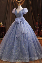 Blue V Neck Shiny Tulle Long Prom Dresses A Line Short Sleeve Prom Dresses