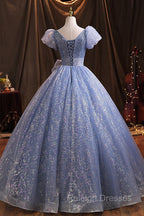 Blue V Neck Shiny Tulle Long Prom Dresses A Line Short Sleeve Prom Dresses