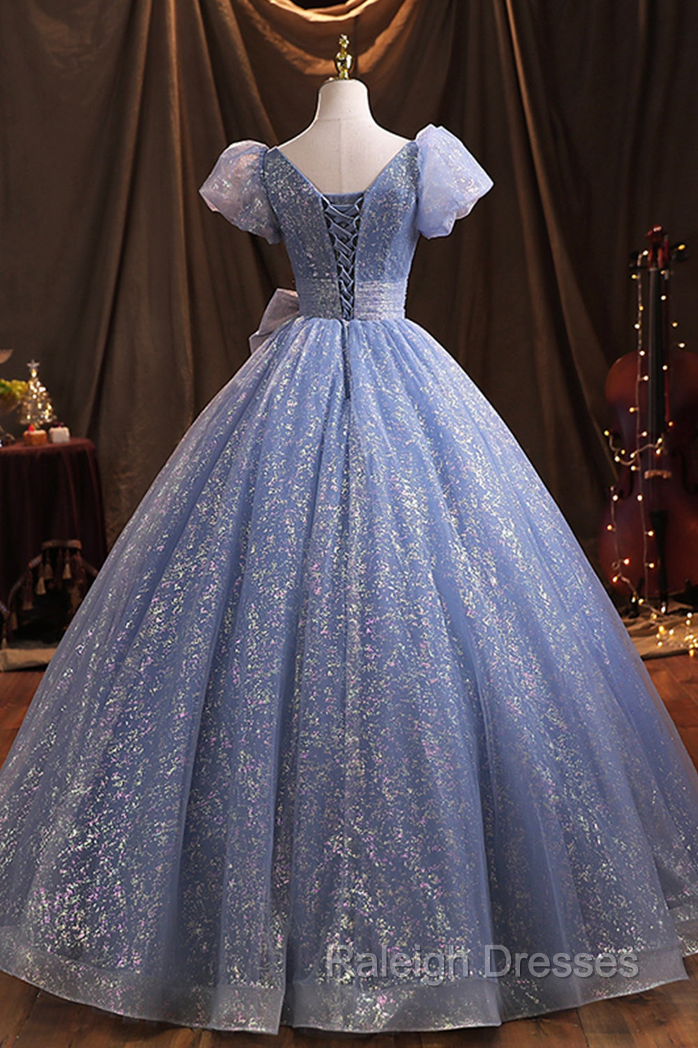 Blue V Neck Shiny Tulle Long Prom Dresses A Line Short Sleeve Prom Dresses