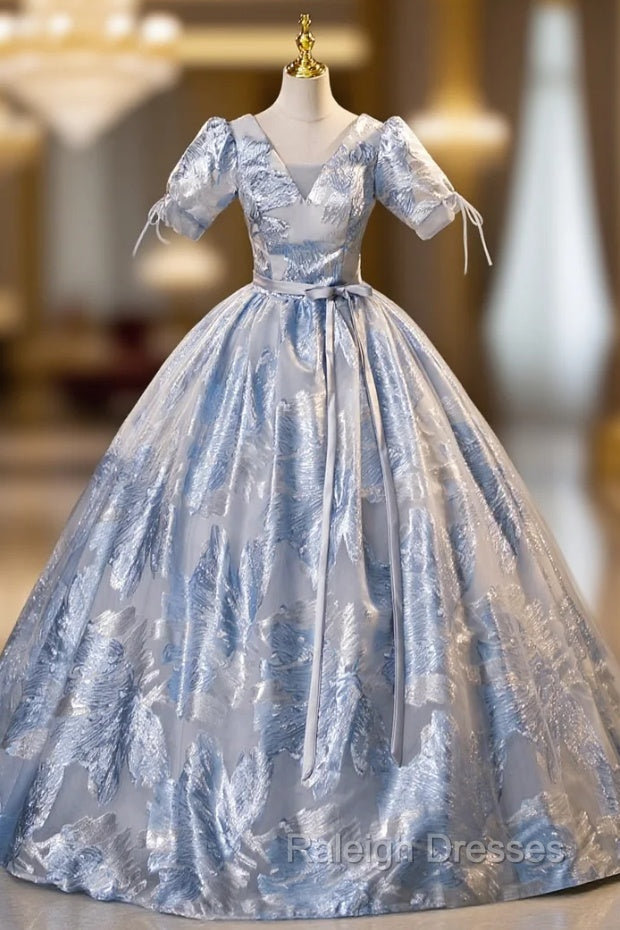 Blue V-neck Short Sleeve Belt Quinceanera Dress Main image