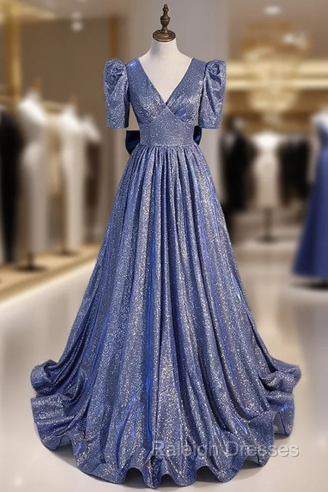 Blue V-neck Starry Gradient Cloth Short Sleeve Prom Dress