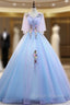 Blue V-neck Tulle Appliques Beading Floor Length Quinceanera Dresses