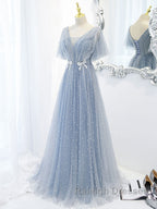 Blue v neck tulle beads long prom Dresses blue tulle Prom Dresses