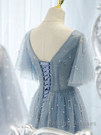 Blue v neck tulle beads long prom Dresses blue tulle Prom Dresses