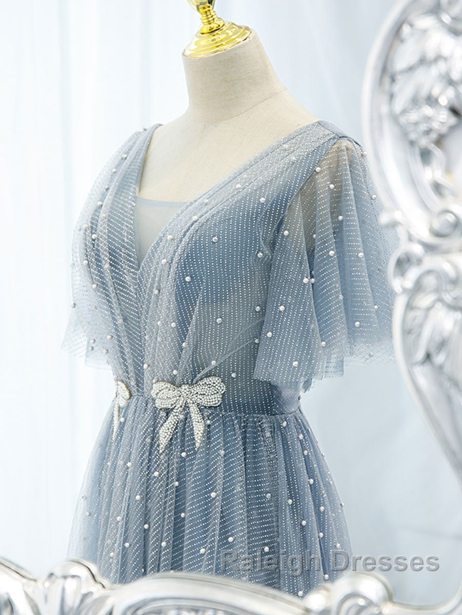 Blue v neck tulle beads long prom Dresses blue tulle Prom Dresses