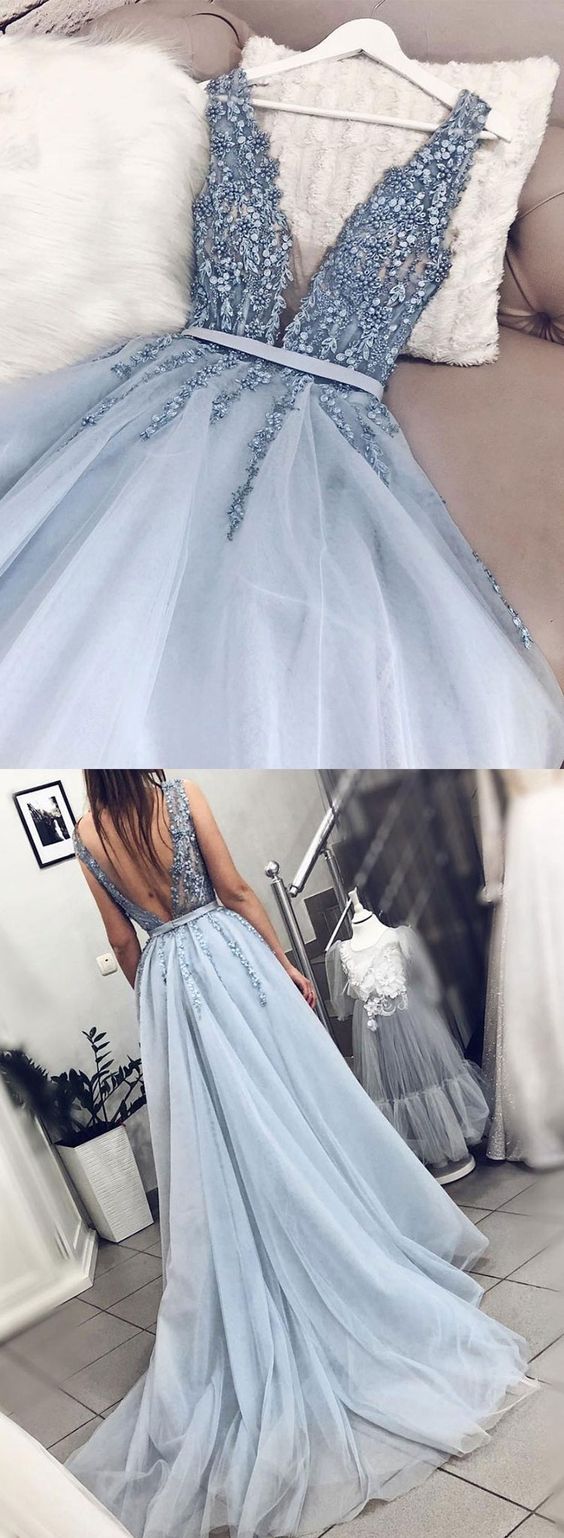 Blue V Neck Tulle Beads Long Prom Dress, Evening Dress Secondary image