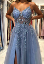 Blue V-Neck Tulle Beading Long Prom Dress Blue Graduation Dress