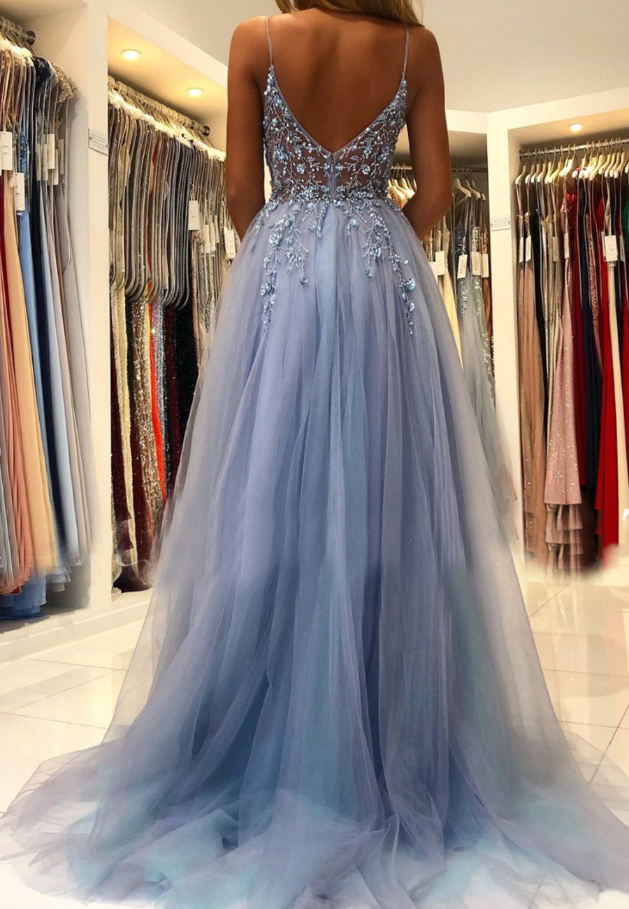 Blue V-Neck Tulle Beading Long Prom Dress Blue Graduation Dress