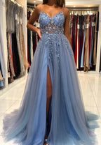 Blue V-Neck Tulle Beading Long Prom Dress Blue Graduation Dress